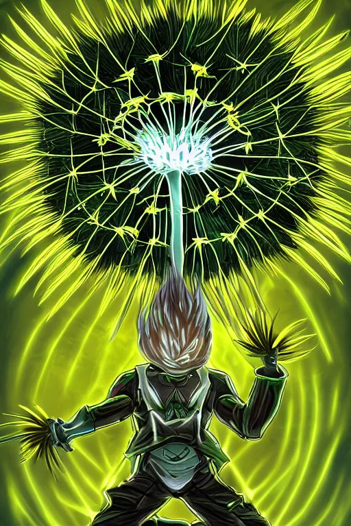 Image similar to nuclear mushroom cloud dandelion male anime character, symmetrical, highly detailed, digital art, sharp focus, trending on art station, green eyes, glowing radioactive colours