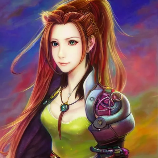 Image similar to dreamy colorful portrait drawing of aerith gainsborough from from final fantasy 7 in her signature outfit with the steam punk city midgard as backdrop, by master artist yoshitaka amano trending on artstation