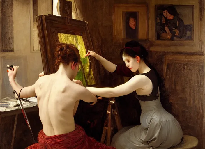 Image similar to a painter in his studio painting a picture of belle delphine by edgar maxence and caravaggio and michael whelan and delacroix style, artistic, intricate drawing, cinematic lighting, hyper realistic, extremely detailed, establishing shot, 8 k resolution, dramatic lighting