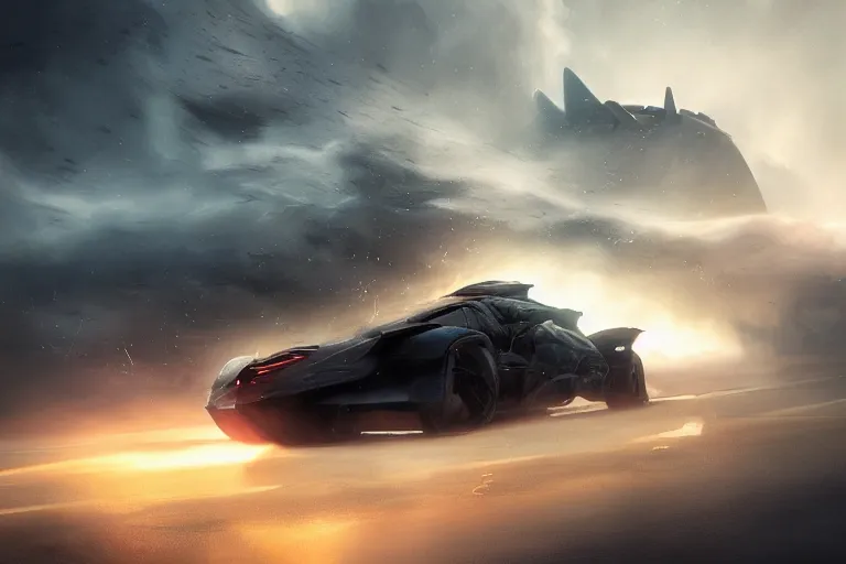 Image similar to the batmobile caught in the flow of time. octane render. 8 k. dark. atmospheric. cinematic. spectacular. sense of awe. mist. strong winds. sunrise. super slowmotion. matte painting painted by sparth and peter mohrbacher