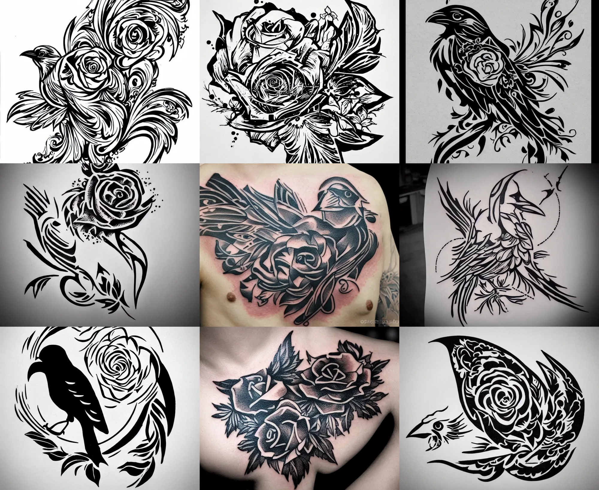 Image similar to Tattoo Stencil stylized crow rose Raven, bold strong lines very highly aesthetic