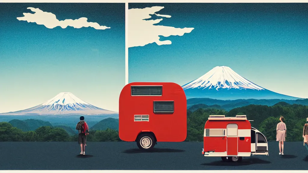 Image similar to a scene of two travellers and their camper touring overlook at the edge of yamanaka lake, reflecting mount fuji and a dramatic sky, japan, a collage painting, in the style of wes anderson, lola dupre, david hockney, isolated on negative white space background dark monochrome neon spraypaint accents volumetric octane render