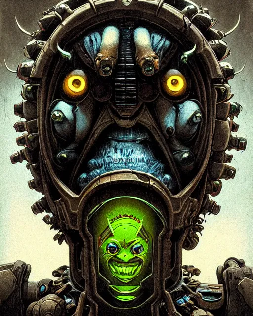 Image similar to orisa from overwatch, with an evil and crazy look inn her eyes, character portrait, portrait, close up, concept art, intricate details, highly detailed, horror poster, horror, vintage horror art, realistic, terrifying, in the style of michael whelan, beksinski, and gustave dore