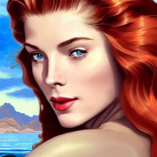 Image similar to A combination of Grace Kelly's and Katheryn Winnick's and Ashley Greene's faces with red hair as a mermaid half submerged on the beach, western, fantasy, intricate, elegant, highly detailed, digital painting, artstation, concept art, matte, sharp focus, illustration, art by Artgerm and Greg Rutkowski and Alphonse Mucha