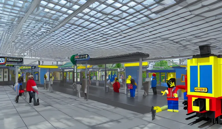 Image similar to Legoland train station interior platform, architectural render