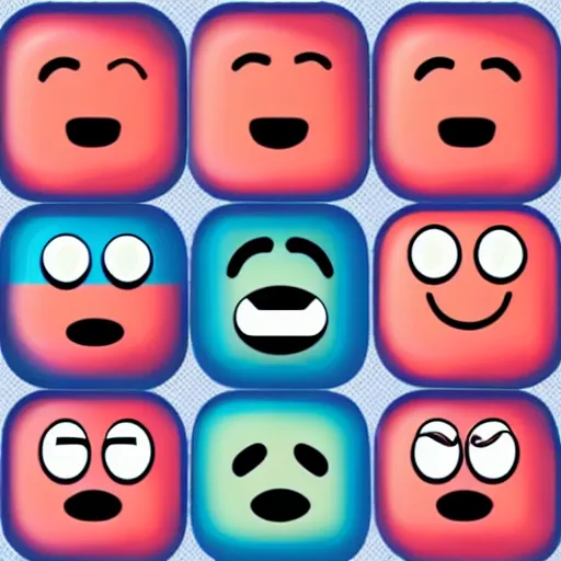 Prompt: a set of 2 x 2 emoji icons with happy, angry, surprised and sobbing faces. the emoji icons look like watermelon