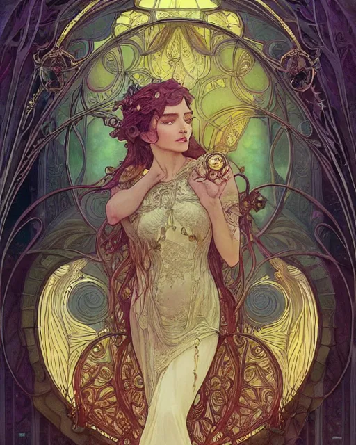 Prompt: a death, highly detailed, very intricate, art nouveau, gold filigree, romantic storybook fantasy, soft cinematic lighting, award - winning, disney concept art watercolor illustration by mandy jurgens and alphonse mucha and alena aenami, pastel color palette, featured on artstation