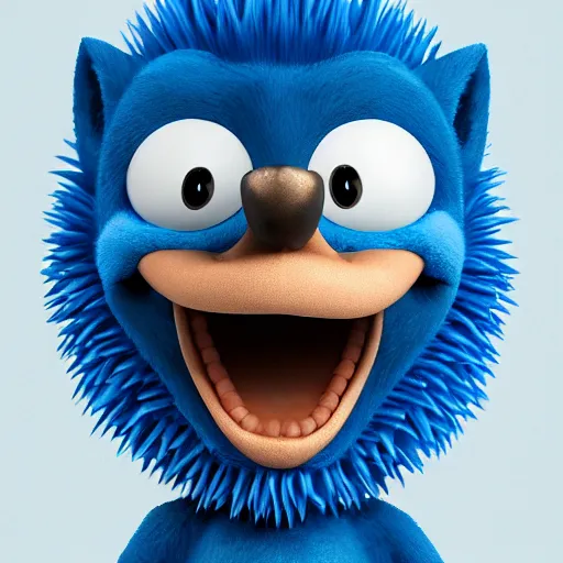 Image similar to anthropomorphic blue hedgehog with human teeth, studio portrait