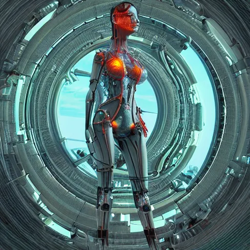 Prompt: a beautiful 3d render of a solarpunk woman wearing technology, full body portrait in the center of the frame, detailed intricate cables and cybernetic body parts, by android jones, octane 3d render, featured on artstation