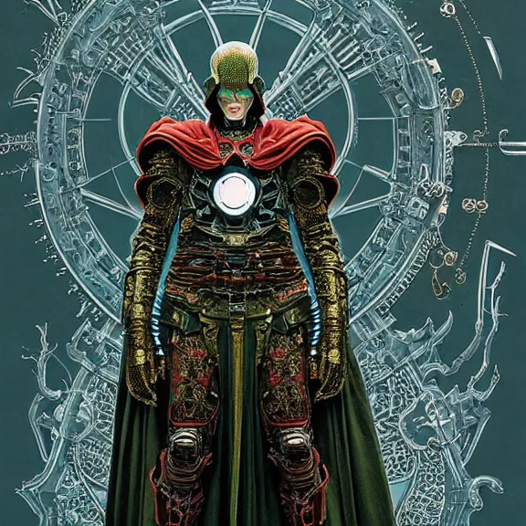 Prompt: symmetric frame of dr doom power armour from Doctor Strange movie, dr doom in ornate scale armour, byguo pei and alexander mcqueen metal couture editorial, eldritch epic monumental attack by beksinski by Yuko Shimizu