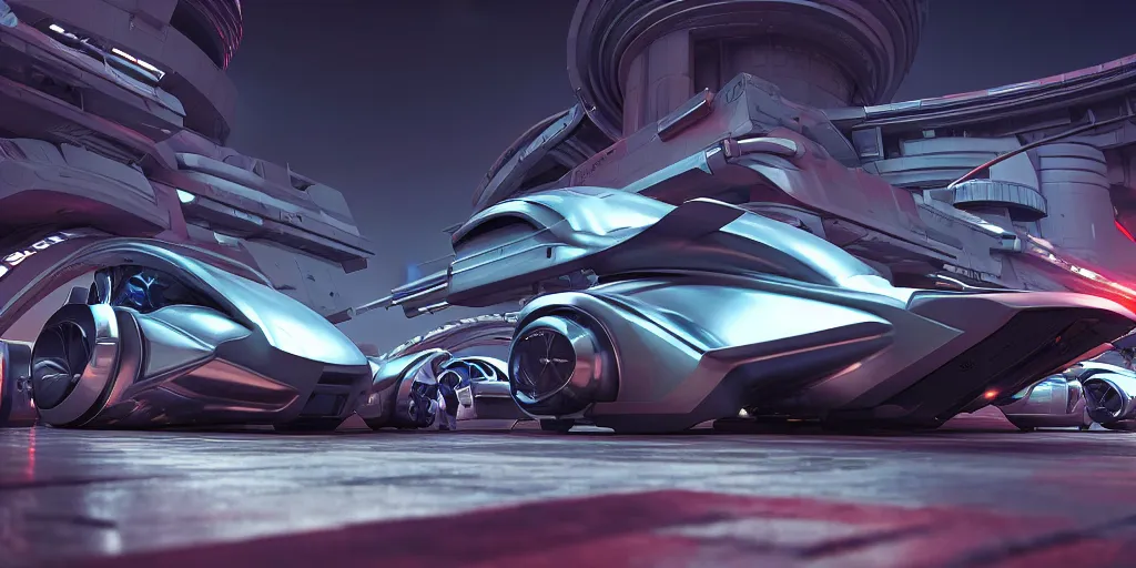 Image similar to cinematic movie scene, beautiful Product shot film still of a Syd Mead futuristic detailed clunky battle-armored automobile with bright headlights in a busy futuristic spaceport filled with people at night, motion, hard surface modeling, volumetric soft lighting, style of Stanley Kubrick cinematography, 8k H 768