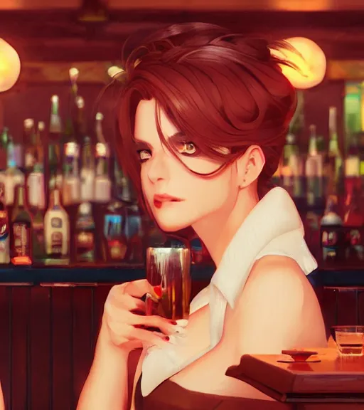 Prompt: pretty woman in a bar, by wlop, rain, poster, anime key visual, artstation