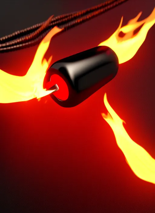 Image similar to rpg item, a black necklace with a bright red crystal pendant in flames, Unreal 5, DAZ, hyperrealistic, rpg style, octane render, dynamic lighting