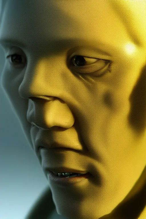 Image similar to hyperrealistic close-up translucent intricate exoskeleton!! sad chinese man covered highly detailed concept art eric zener elson peter cinematic side soft yellow light high angle hd 8k sharp shallow depth of field