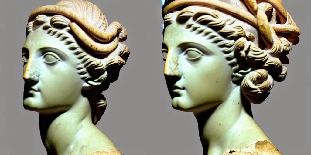 Image similar to ancienr greek sculpture, bust, multiple poses, flawless beauty, young woman as medusa