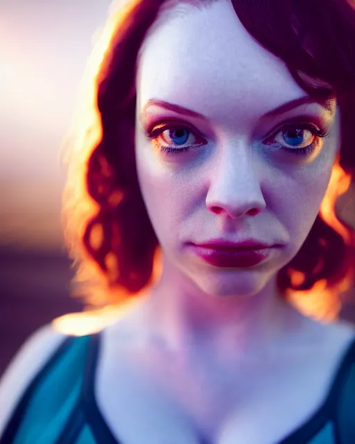 Prompt: perfectly - centered!! looking at the camera!!! full upper body photograph of young christina hendricks, sweaty, oily skin, bright lighting, godrays, intricate abstract upper body, zeiss lens, cinematic lighting, sharp focus, bokeh, smooth, filmstill, photography, hyper realism, iridescent accents