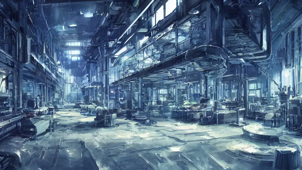 Prompt: The inside of a factory where ambrosia is being mass produced, dim blue fluorescent lighting, cinematic concept art, award-winning art, artstation, cold metallic atmosphere