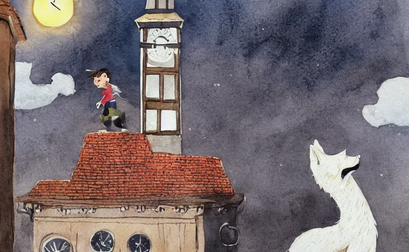 Prompt: a boy fighting a wolf on the edge of a clocktower, by oliver jeffers, watercolor, print