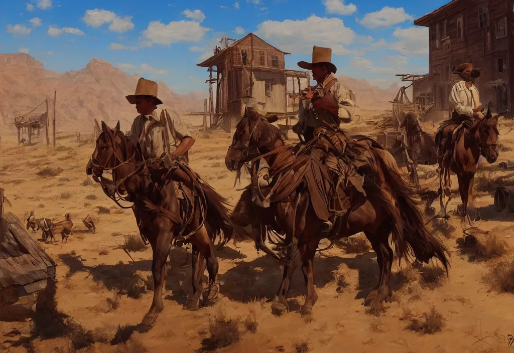 Prompt: greg manchess painting of a wild west abandoned town landscape with no person nor horse in the painting only buildings in the year 1 8 5 0, nobody living there, painting, trending on artstation, by huang guangjian and gil elvgren and sachin teng