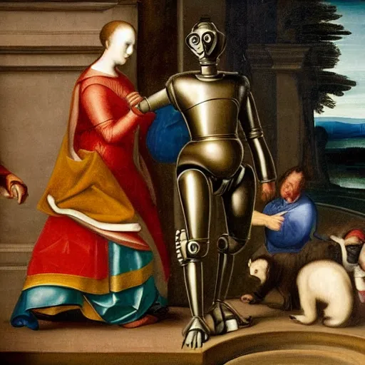 Prompt: a robot walking , Renaissance painting style