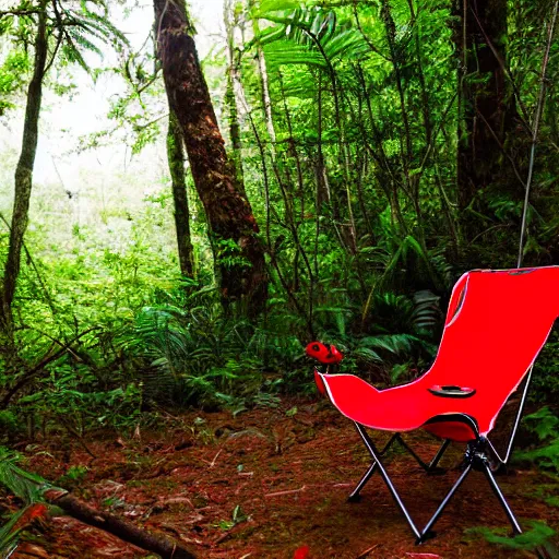 Image similar to a red camping chair in the middle of a dense jungle. the chair is far away from the camera.