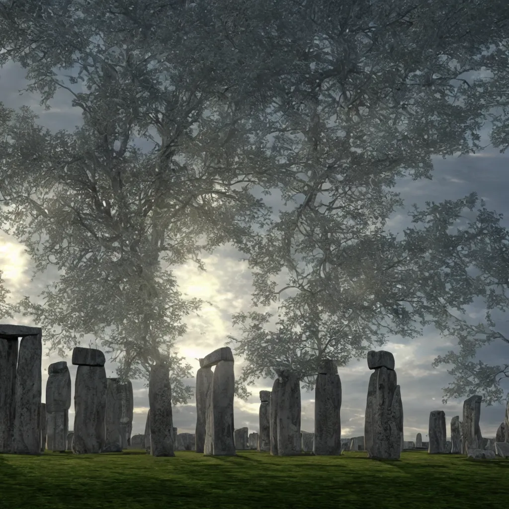 Prompt: a big castle, stonehenge, highly detailed, crystal lighting, mystical, forest, hyperrealistic, 4 k, unreal engine, dramatic lighting, magical, beautiful,