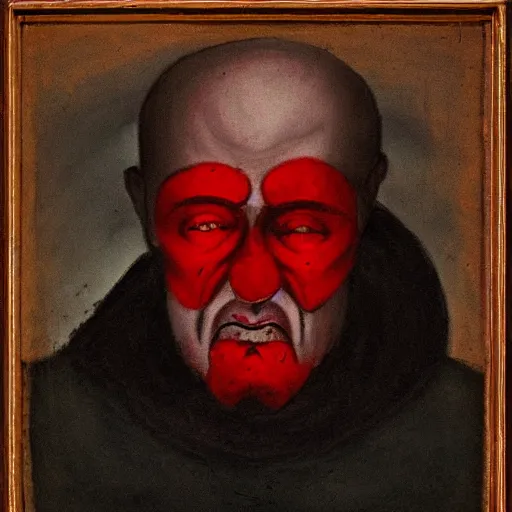 Image similar to portrait of alexander abdulov, with a red eyes, satanic body, head of old man, in blood of sinners, hellish style