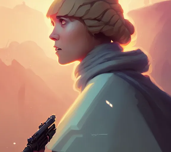 Image similar to portrait of female luke skywalker, fantasy, matte painting, illustration, hearthstone, by atey ghailan, by greg rutkowski, by greg tocchini, by james gilleard, by joe fenton, by kaethe butcher, dynamic lighting, gradient light blue, brown, blonde cream and white color scheme, grunge aesthetic