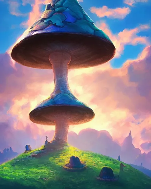 Image similar to flying cloud castle, mushroom buildings, illustration, bright, blue sky, mountains, colorful, cinematic lighting, fantasy, high detail, masterpiece, artstation, 4 k, art by wylie beckert