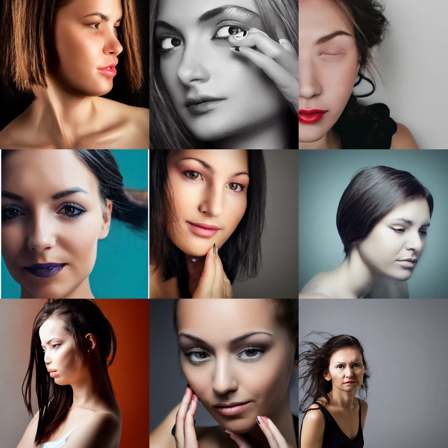 Prompt: woman, face, studio photography, in the style of nixeu