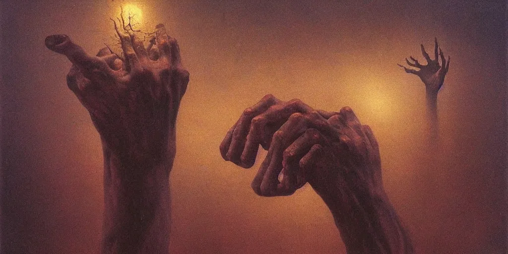 Image similar to Painting in style of Beksinski of an old human hand, that is reaching for light. Dramatic, highly detailed, masterpiece