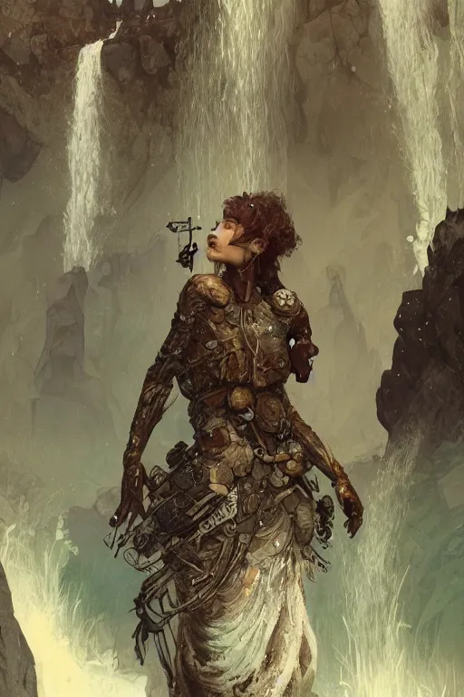 Image similar to a full body portrait of a beautiful post apocalyptic offworld neoicelandic biofarmer swimming by the waterfalls, intricate, elegant, highly detailed, digital painting, artstation, concept art, smooth, sharp focus, illustration, art by krenz cushart and artem demura and alphonse mucha