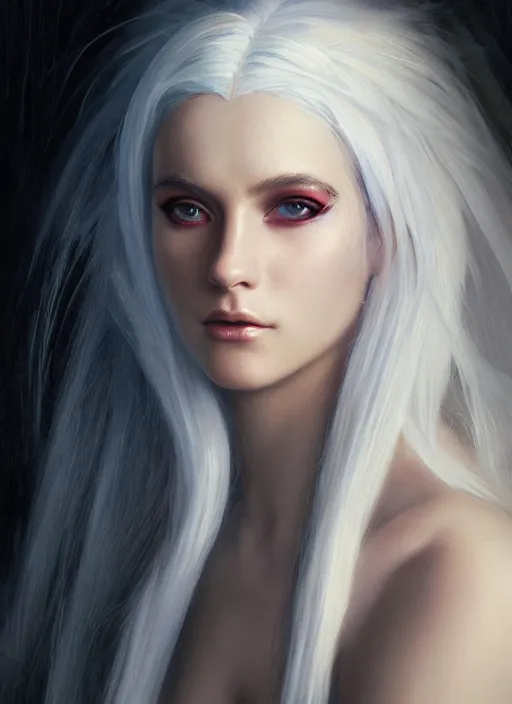 Image similar to girl with white hair, beautiful highly detailed face, complementary lighting, backlit, eyeshadow, divine, beautiful painting by artgerm and greg rutkowski and raymond swanland