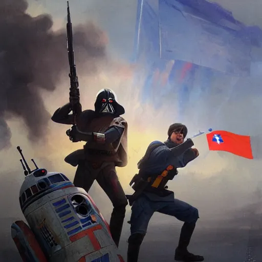 Image similar to In the Star Wars universe, rebels with Ukrainian flags are holding back the attacks of invaders with Russian flags by Greg Rutkowski