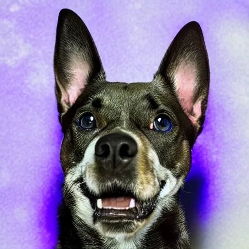 Image similar to ultra detailed photo of a dog with ultraviolet fur
