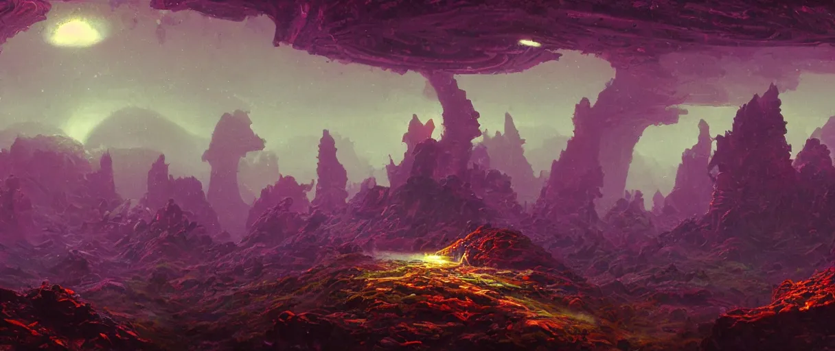 Image similar to fantastic landscape with alien artifacts, by Paul Lehr, highly detailed matte painting, artstation,