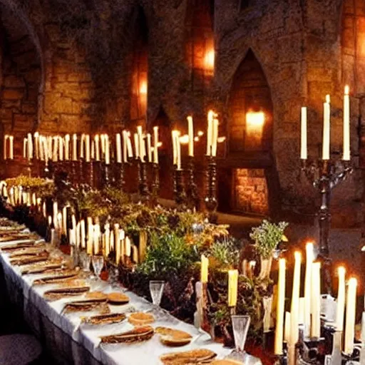 Prompt: feast for hundreds of people. candles, warm ambient light, hogwarts, beautiful, stone walls, hot food, delicious, steaming food on plates, gluttony