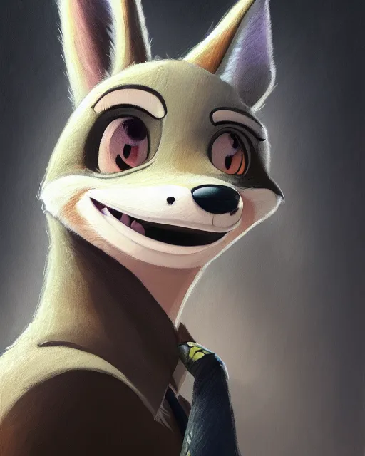 Image similar to oil painting of anthromorphic female wolf, in style of zootopia, zootopia, zootopia, fursona, furry, furaffinity, 4 k, deviantart, furry art, fursona art, wearing black business suit, business suit, in style of zootopia, wolf fursona, cyberpunk, female, expressive detailed feminine face,