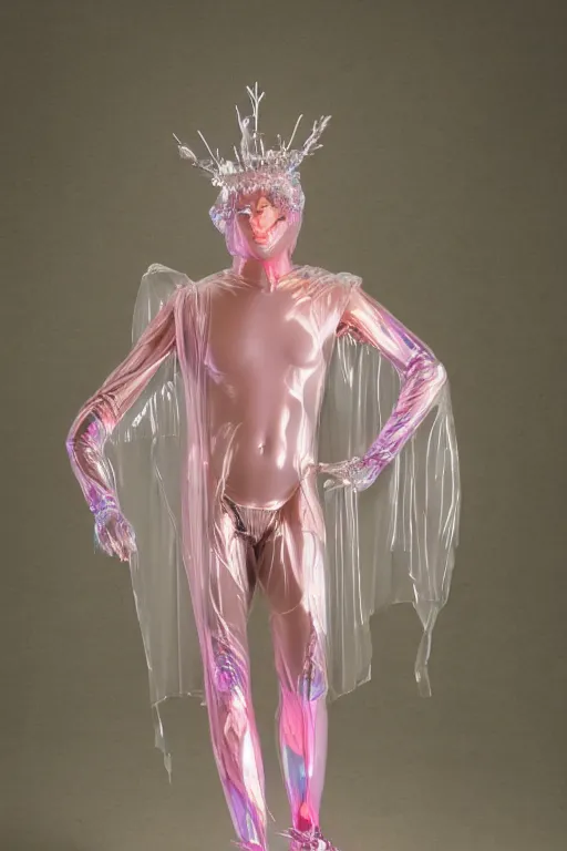 Image similar to full-body rococo and cyberpunk delicate crystalline sculpture of a muscular iridescent (((slender Spanish male))) as a humanoid deity wearing a thin see-through ((plastic hooded cloak)) sim roupa, reclining con (las piernas abiertas), glowing pink face, crown of (((white lasers))), large diamonds, swirling black silk fabric. futuristic elements. oozing glowing liquid, full-length view. space robots. human skulls. throne made of bones, intricate artwork by caravaggio. Trending on artstation, octane render, cinematic lighting from the right, hyper realism, octane render, 8k, depth of field, 3D
