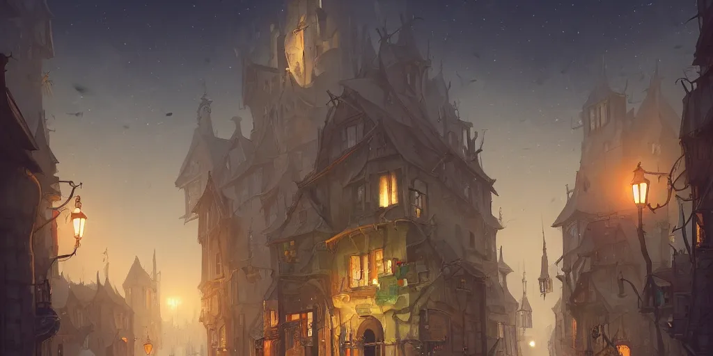 Prompt: illustration of close - up street view of gothic town, night, by peter mohrbacher, by alex andreev, by jacek yerka, large depth of field, super detailed, digital art, trending on artstation, minimalism