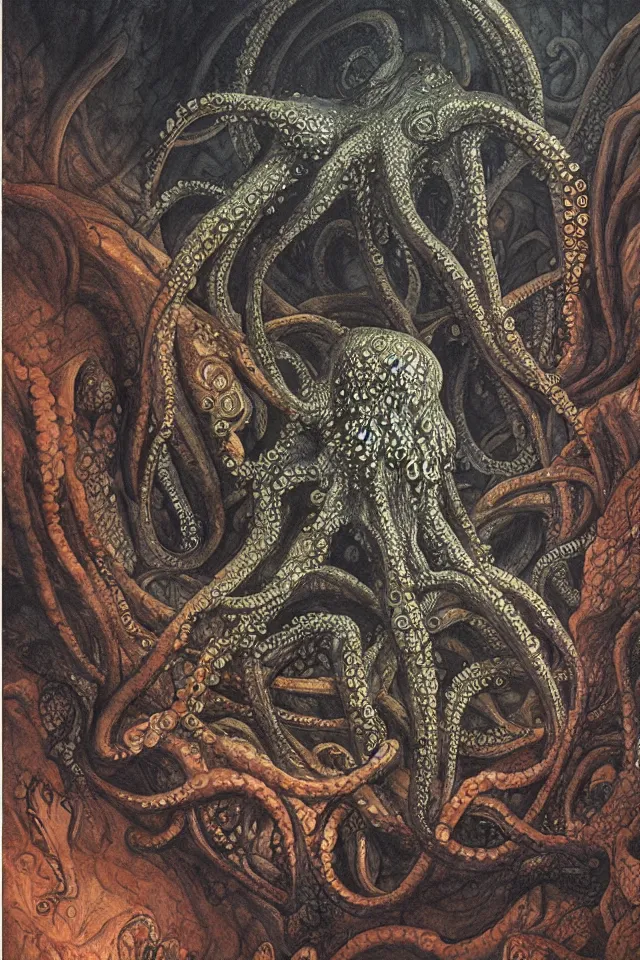 Prompt: alien octopus spider, in a dark cave with intricate writing on the walls, contrasting colors, Dan Seagrave