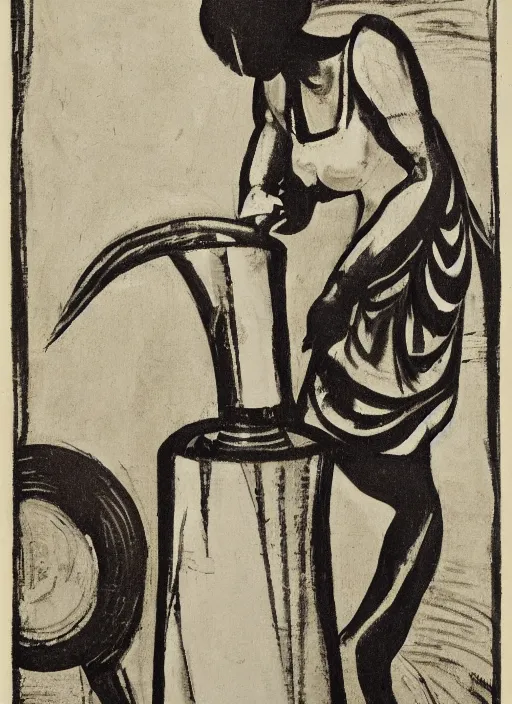 Image similar to abstract stylized charcoal drawing of a woman working on a tall vase at a pottery wheel, da vinci, van gogh, miro, vermeer