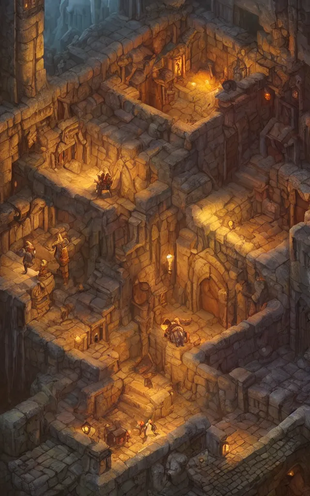 Prompt: a digital painting of an isometric fantasy medieval dungeon by justin gerard, paul bonner, highly detailed, volumetric lighting, digital art, isometric, artstation hd