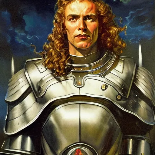 Image similar to oil painting of a pale menacing Apollo with long curly blond hair and piercing glowing eyes, powerful sci fi centurion in tall jagged black plate armor, cinematic chiaroscuro creeping darkness, by J.C leyendecker and norman rockwell