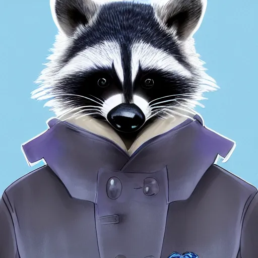 Image similar to anthropomorphic racoon, chibby, male, blue jacket