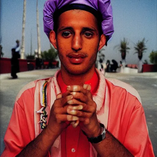 Prompt: A Moroccan McDonalds raver, portrait, by Jamel Shabazz, David Bailey, Derek Ridgers