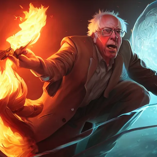 Image similar to portrait of bernie sanders burning money, league of legends amazing splashscreen artwork, splash art, natural light, elegant, photorealistic facial features, intricate, fantasy, detailed face, atmospheric lighting, anamorphic lens flare, cinematic lighting, league of legends splash art, hd wallpaper, ultra high details by greg rutkowski