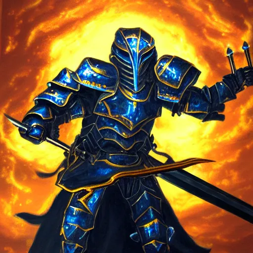 Image similar to A highly detailed matte acrylic painting of a heavily armored paladin wielding a very bright glowing gold sword, fighting in a huge battle at dusk.