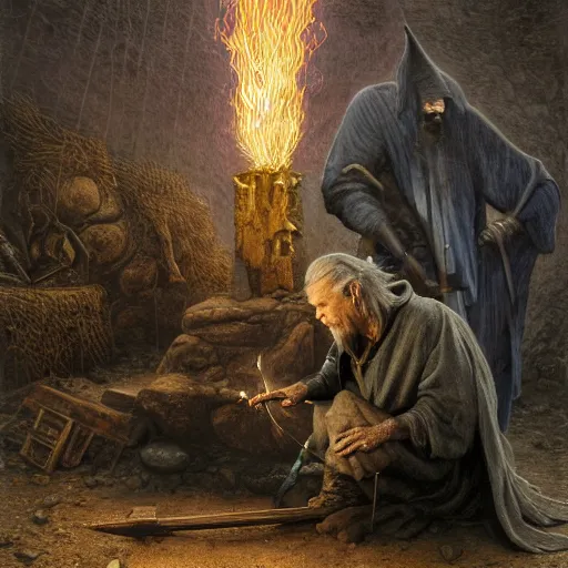 Image similar to gediminas pranckevicius the evil ian mckellen smithing on an anvil as gandalf in a dark viking hood playing odin all father crafting a neural network with golden synapses on an anvil with fire, highly detailed, cinematic shot, cinematic lighting, 8 k, exquisit facial detail, colored painting by gustave dore.