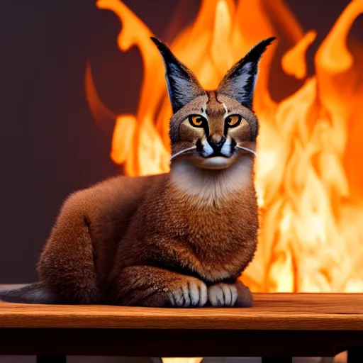 Image similar to wide-angle photo of cute caracal sitting on a wooden chair near a table in a room, flames of fire at background, octane render, 3d, 8k , hd, studio light